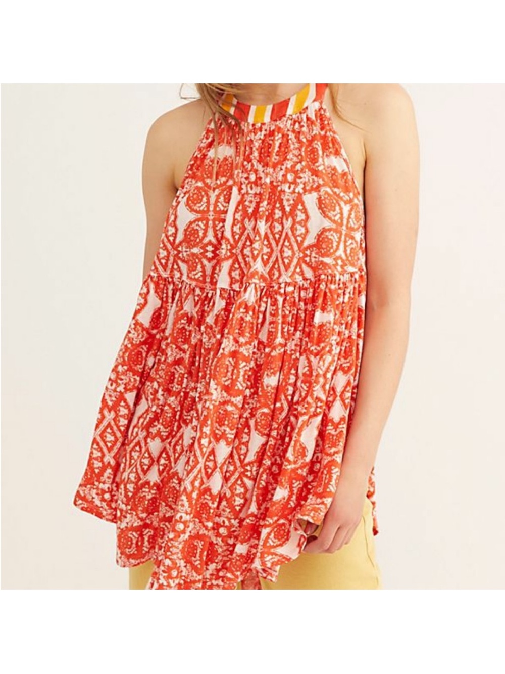 Free People Printed Orange Halter Swing Tank